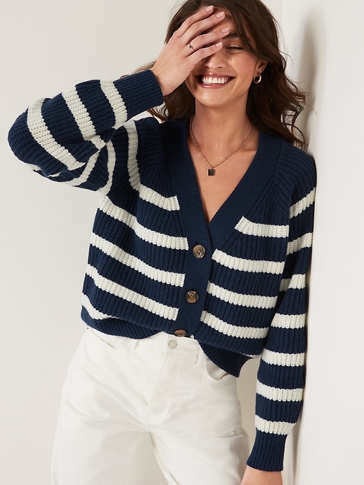 Image number 1 showing, Brushed Striped Shaker-Stitch Cardigan Sweater for Women