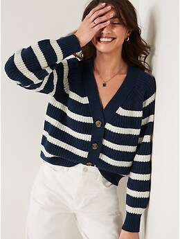 Brushed Striped Shaker-Stitch Cardigan Sweater for Women