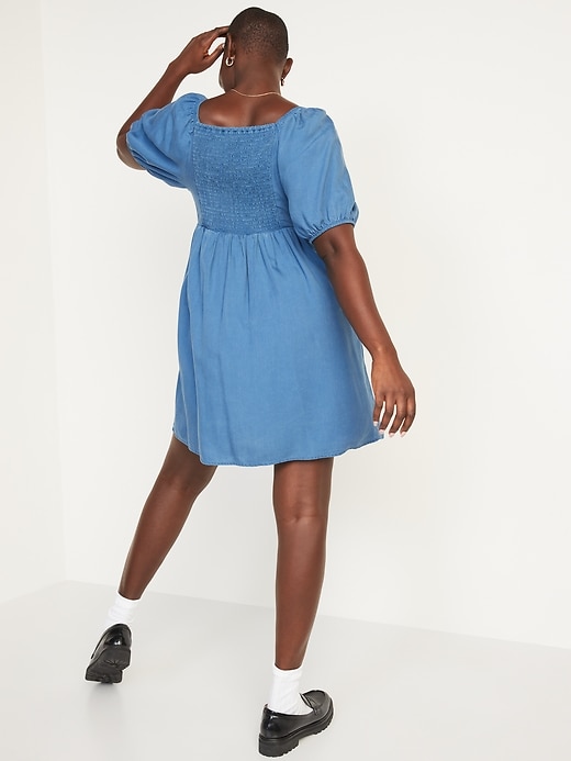 Image number 2 showing, Puff-Sleeve Chambray Mini Babydoll Swing Dress for Women