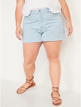 Higher High-Waisted Button-Fly Sky-Hi A-Line Cut-Off Railroad Stripe Non-Stretch Jean Shorts for Women -- 3-inch inseam