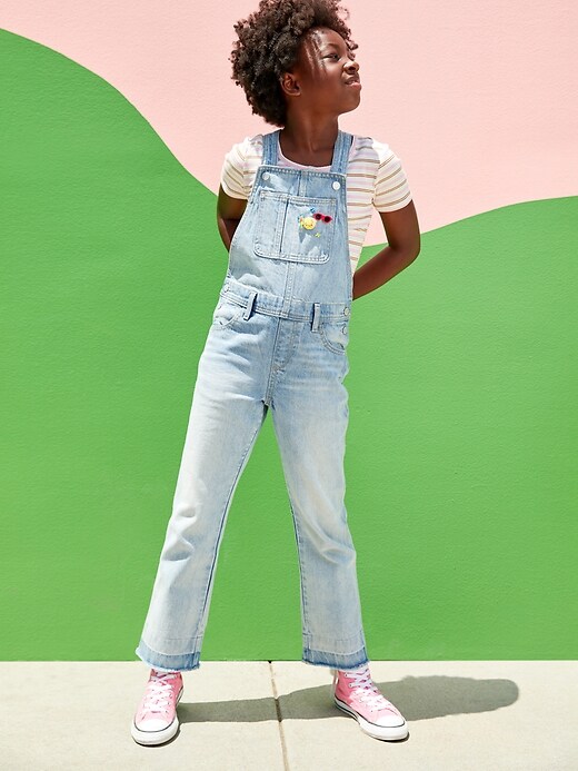 View large product image 2 of 3. Slouchy Straight Light-Wash Frayed-Hem Jean Overalls for Girls