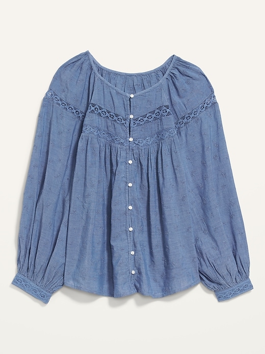 Image number 4 showing, Long-Sleeve Lace-Trimmed Embroidered Chambray Blouse for Women