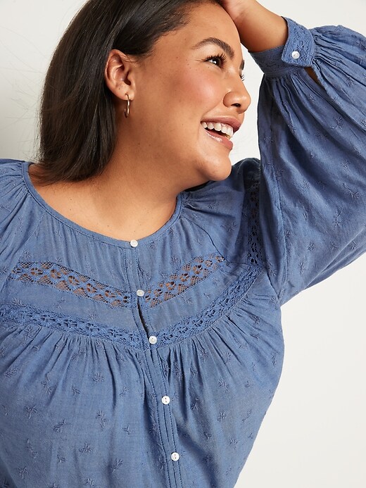 Image number 3 showing, Long-Sleeve Lace-Trimmed Embroidered Chambray Blouse for Women