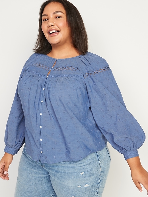 Image number 7 showing, Long-Sleeve Lace-Trimmed Embroidered Chambray Blouse for Women