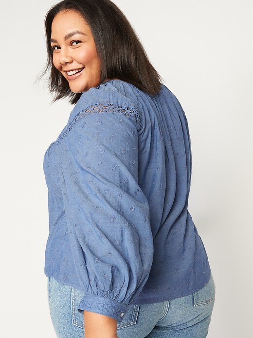 Image number 8 showing, Long-Sleeve Lace-Trimmed Embroidered Chambray Blouse for Women