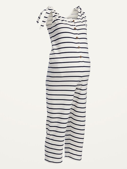 Image number 4 showing, Maternity Tie-Shoulder Striped Fleece Jumpsuit