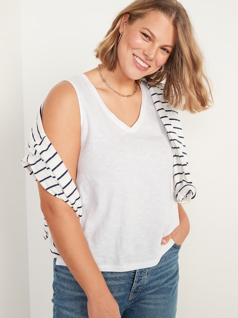 T-shirt passe-partout sans manches à encolure en V pour Femme - Lys Blancs