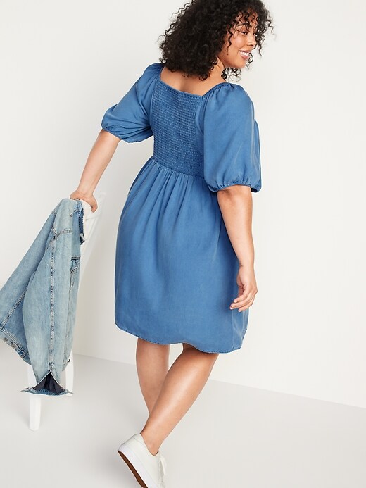 Image number 8 showing, Puff-Sleeve Chambray Mini Babydoll Swing Dress for Women