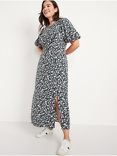 Puff-Sleeve Floral Maxi Shift Dress for Women