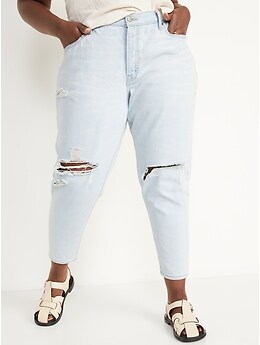 Mid-Rise Button-Fly Slouchy Taper Cropped Ripped Non-Stretch Jeans for Women