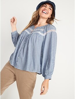 Striped Crochet-Lace Trim Button-Front Blouse for Women