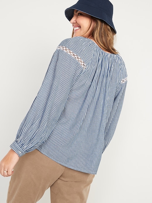 Image number 2 showing, Striped Crochet-Lace Trim Button-Front Blouse for Women