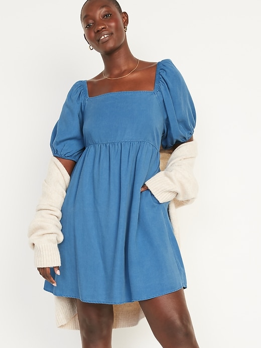 Image number 1 showing, Puff-Sleeve Chambray Mini Babydoll Swing Dress for Women
