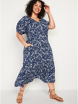 Floral-Print Puff-Sleeve All-Day Maxi Swing Dress for Women