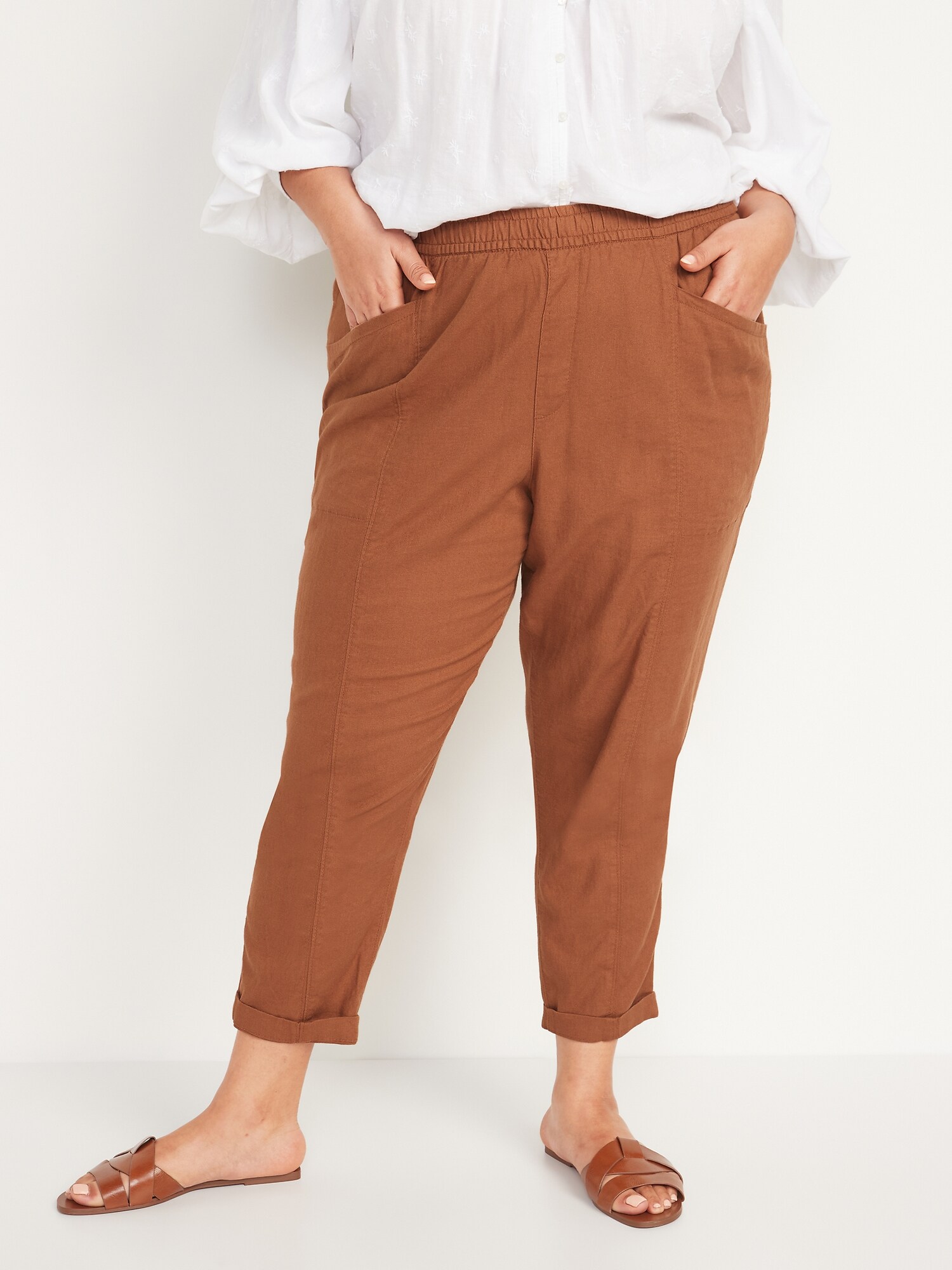 High-Waisted Cropped Linen-Blend Pants 