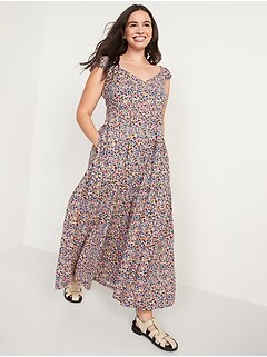 Fit & Flare Floral-Print Tiered Puff-Sleeve Maxi Dress for Women