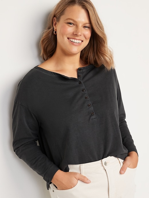Loose GarmentDyed LongSleeve Henley TShirt for Women Old Navy
