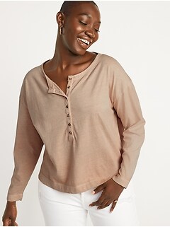 Loose Garment-Dyed Long-Sleeve Henley T-Shirt for Women