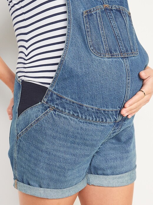 Maternity Side-Panel Slouchy Jean Short Overalls -- 5-inch inseam