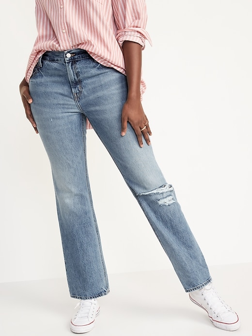 Image number 1 showing, Mid-Rise Slouchy Boot-Cut Ripped Non-Stretch Jeans for Women