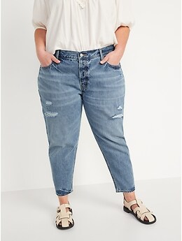 Mid-Rise Button-Fly Slouchy Taper Ripped Non-Stretch Ankle Jeans for Women