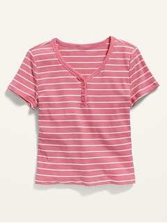 Rib-Knit Short-Sleeve Striped Henley T-Shirt for Girls