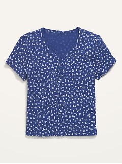Rib-Knit Short-Sleeve Floral-Print Henley T-Shirt for Girls