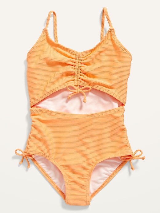 Old Navy Cinch-Tie Center-Front Cutout One-Piece Swimsuit for Girls. 1