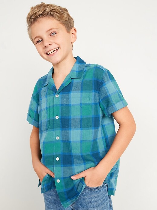 Short-Sleeve Matching Plaid Linen-Blend Shirt for Boys