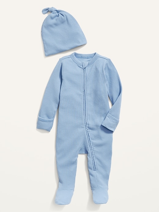 Voir une image plus grande du produit 1 de 1. Layette nuit ou jeu avec une-pièce à pieds en tricot côtelé et bonnet pour Bébé