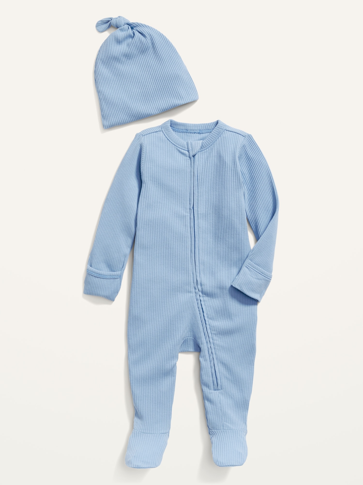 Old Navy Footed Sleep & Play Rib-Knit One-Piece & Beanie Layette Set for Baby blue. 1