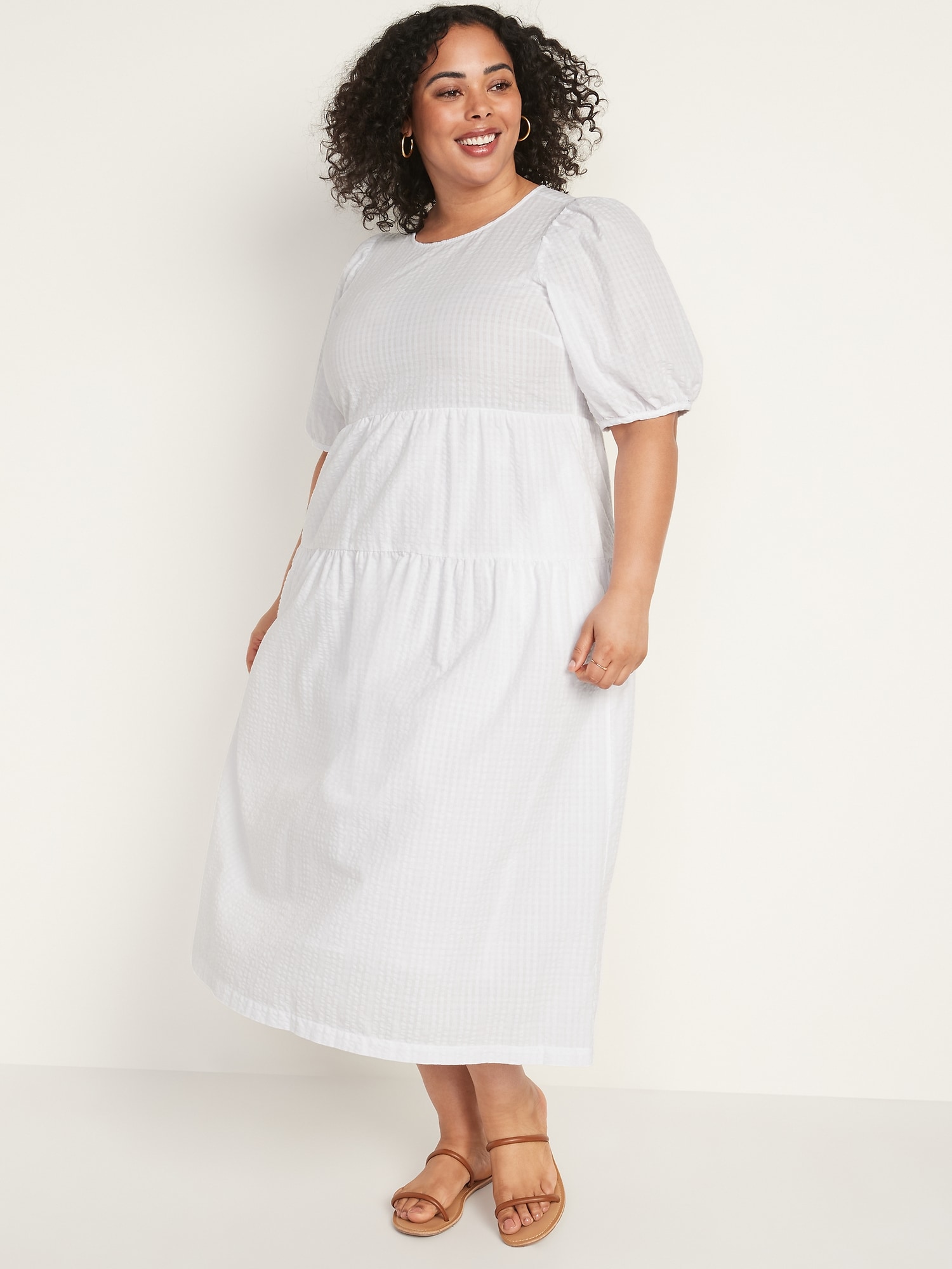 Tiered Puff-Sleeve All-Day Midi Swing Dress for Women | Old Navy
