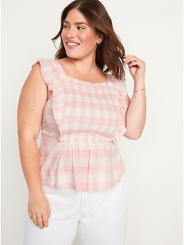 Sleeveless Ruffle-Trim Smocked Gingham Blouse for Women | Old Navy