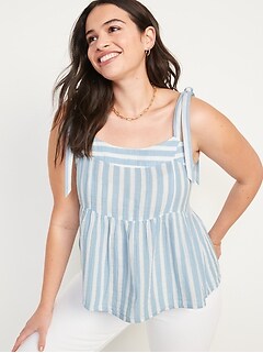 Tie-Shoulder Striped Smocked Babydoll Cami Swing Blouse for Women