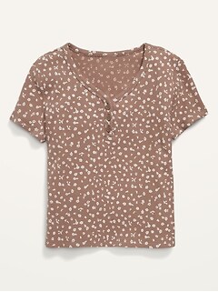 Short-Sleeve Printed Rib-Knit Henley T-Shirt for Girls