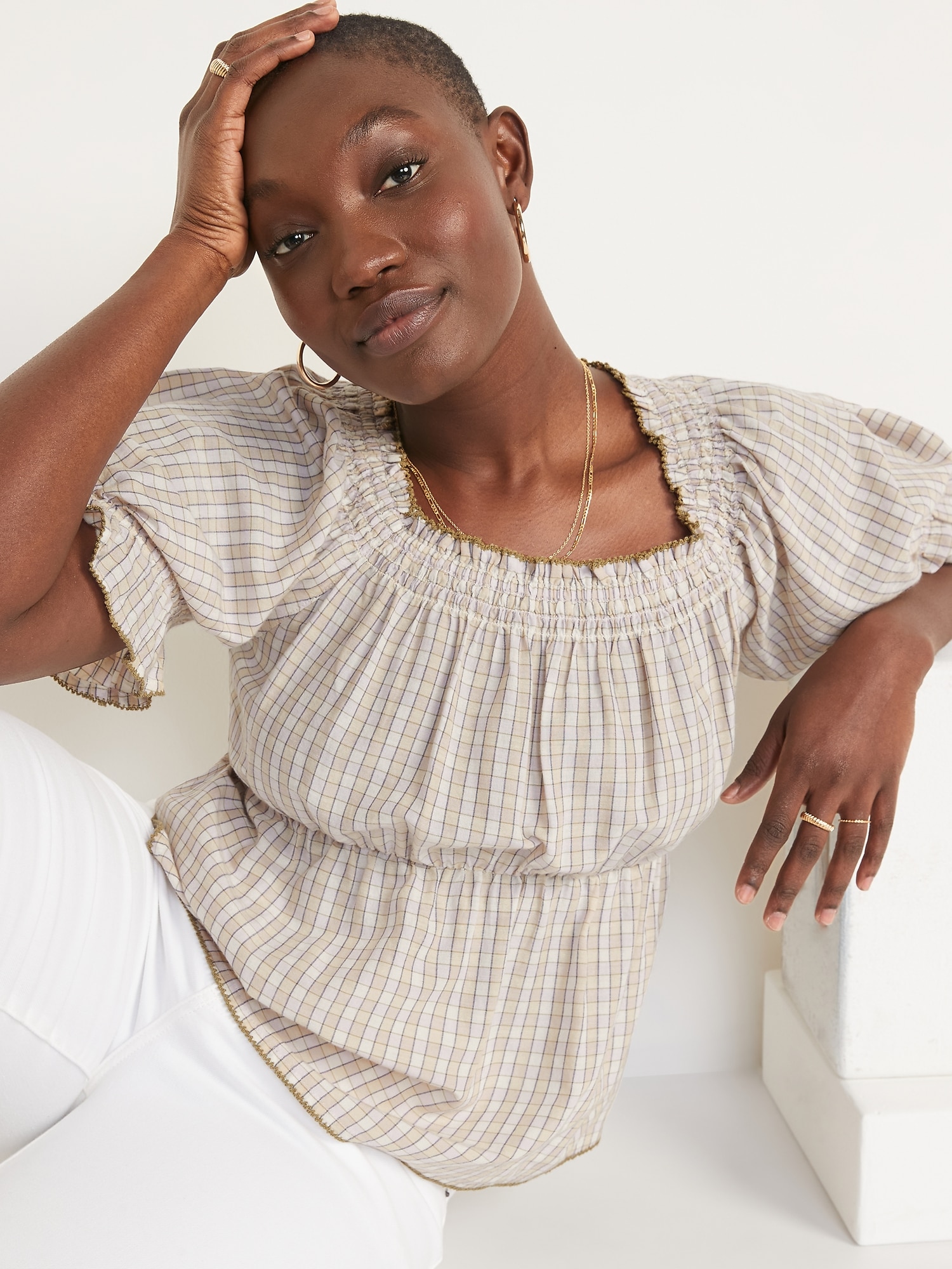 Smocked Plaid Puff-Sleeve Babydoll Top 