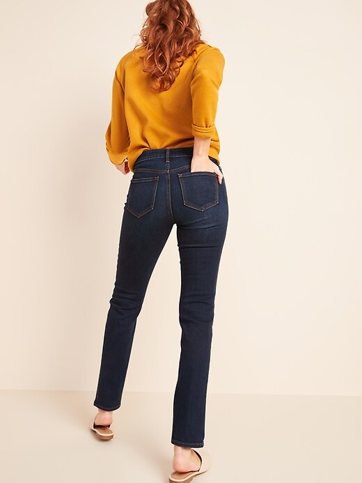 mid rise dark wash straight leg jeans