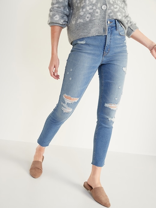 Image number 1 showing, Extra High-Waisted Rockstar 360° Stretch Super Skinny Ripped Cut-Off Jeans for Women