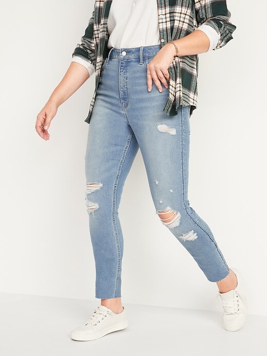 Image number 5 showing, Extra High-Waisted Rockstar 360° Stretch Super Skinny Ripped Cut-Off Jeans for Women
