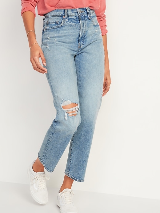Extra High-Waisted Sky-Hi Straight Button-Fly Ripped Jeans for Women ...