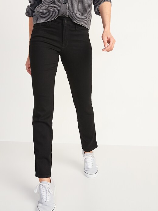 Image number 1 showing, Mid-Rise Power Slim Straight Black Jeans for Women
