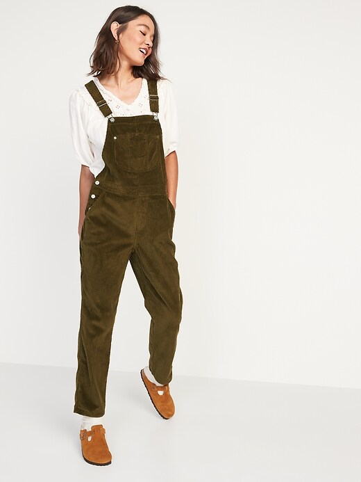 Image number 1 showing, Slouchy Straight Button-Fly Corduroy Workwear Overalls for Women