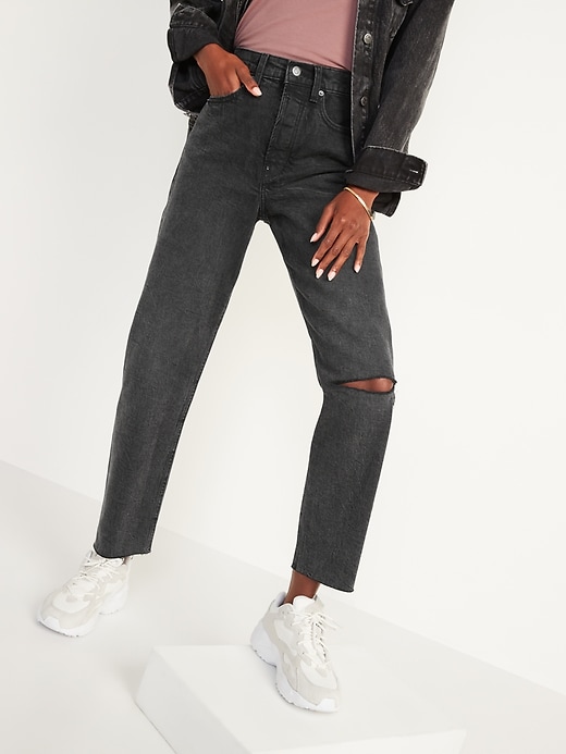 Image number 1 showing, Extra High-Waisted Button-Fly Sky-Hi Straight Black Ripped Jeans for Women