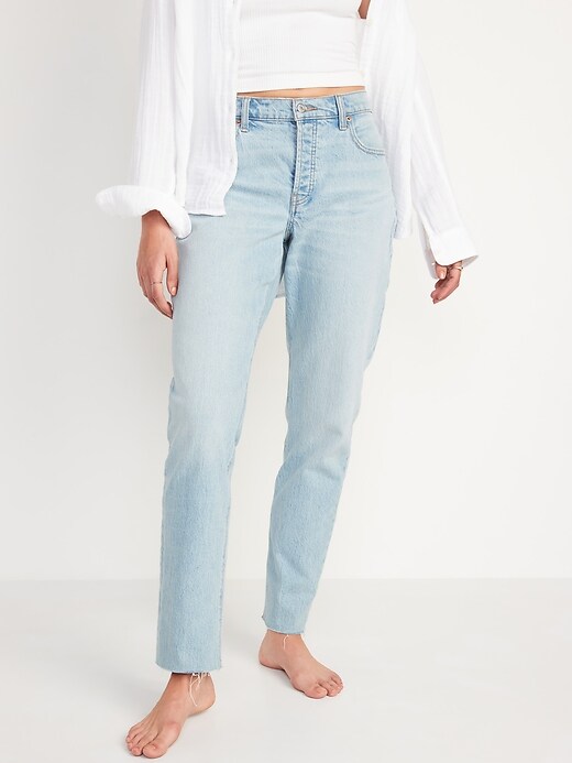 Image number 1 showing, High-Waisted Slouchy Straight Button-Fly Cut-Off Jeans for Women