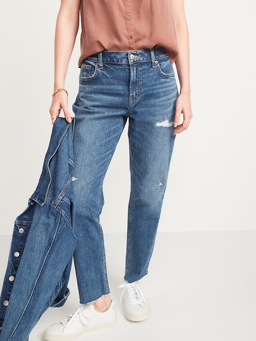 Image number 1 showing, Mid-Rise Boyfriend Straight Ripped Cut-Off Jeans for Women