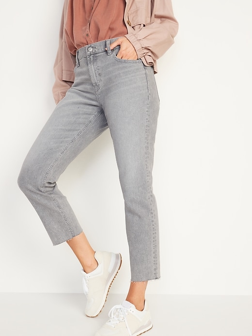 Image number 1 showing, Mid-Rise Gray-Wash Cut-Off Boyfriend Jeans for Women