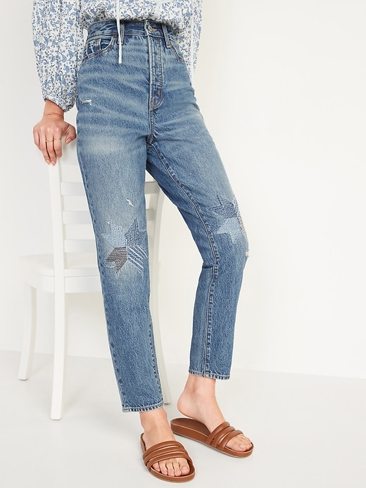 Image number 1 showing, Higher High-Waisted Button-Fly O.G. Straight Patchwork Non-Stretch Jeans for Women