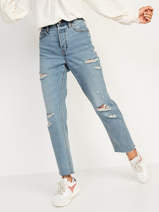 Image number 1 showing, Extra High-Waisted Button-Fly Sky-Hi Straight Ripped Non-Stretch Jeans