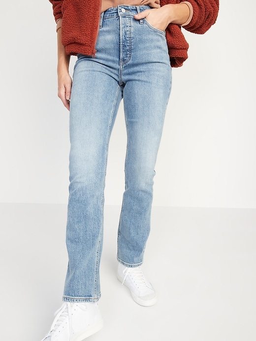 Image number 1 showing, Extra High-Waisted Button-Fly Sky-Hi Kicker Boot-Cut Jeans for Women