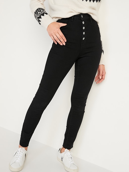 Image number 1 showing, Higher High-Waisted Button-Fly Rockstar 360° Stretch Super-Skinny Cut-Off Jeans for Women